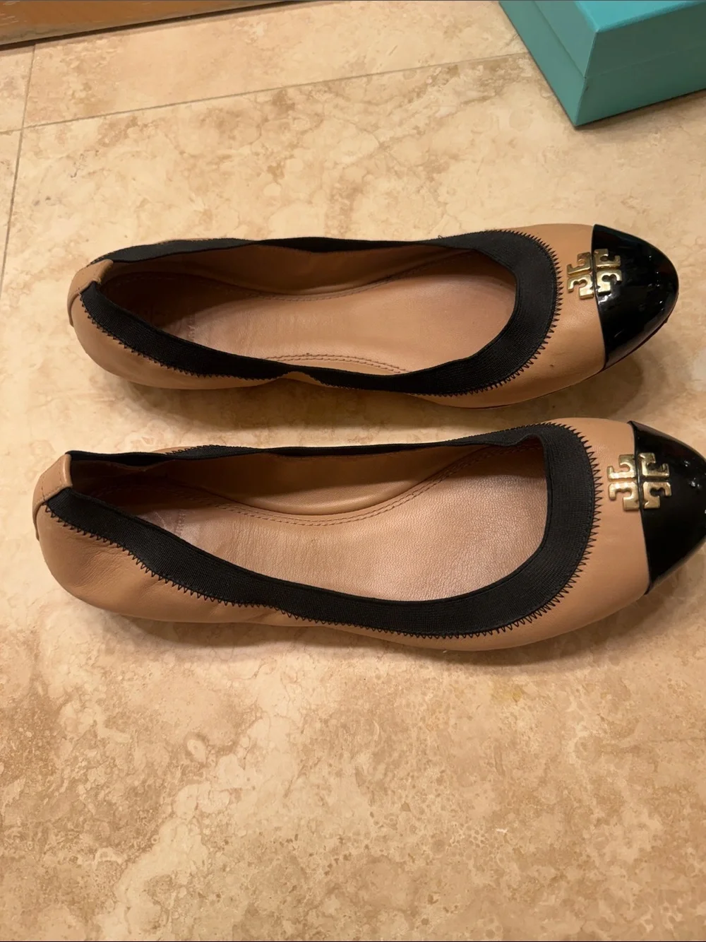 Tory Burch Tan Leather Ballet Flats with Black Patent Cap Toe size 9